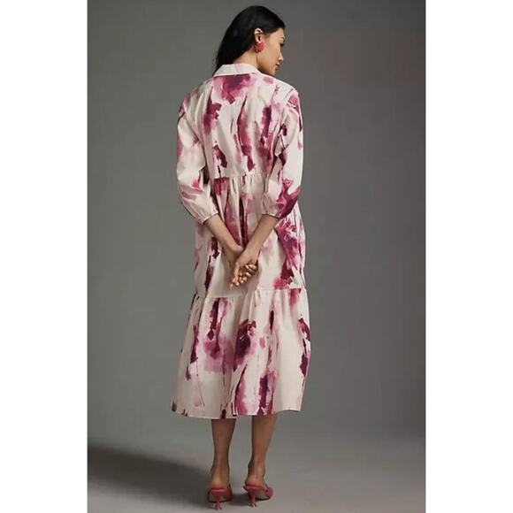 Anthropologie Maeve Bettina Dress Tiered Shirt Buttondown Watercolor Pink Small - Picture 3 of 13